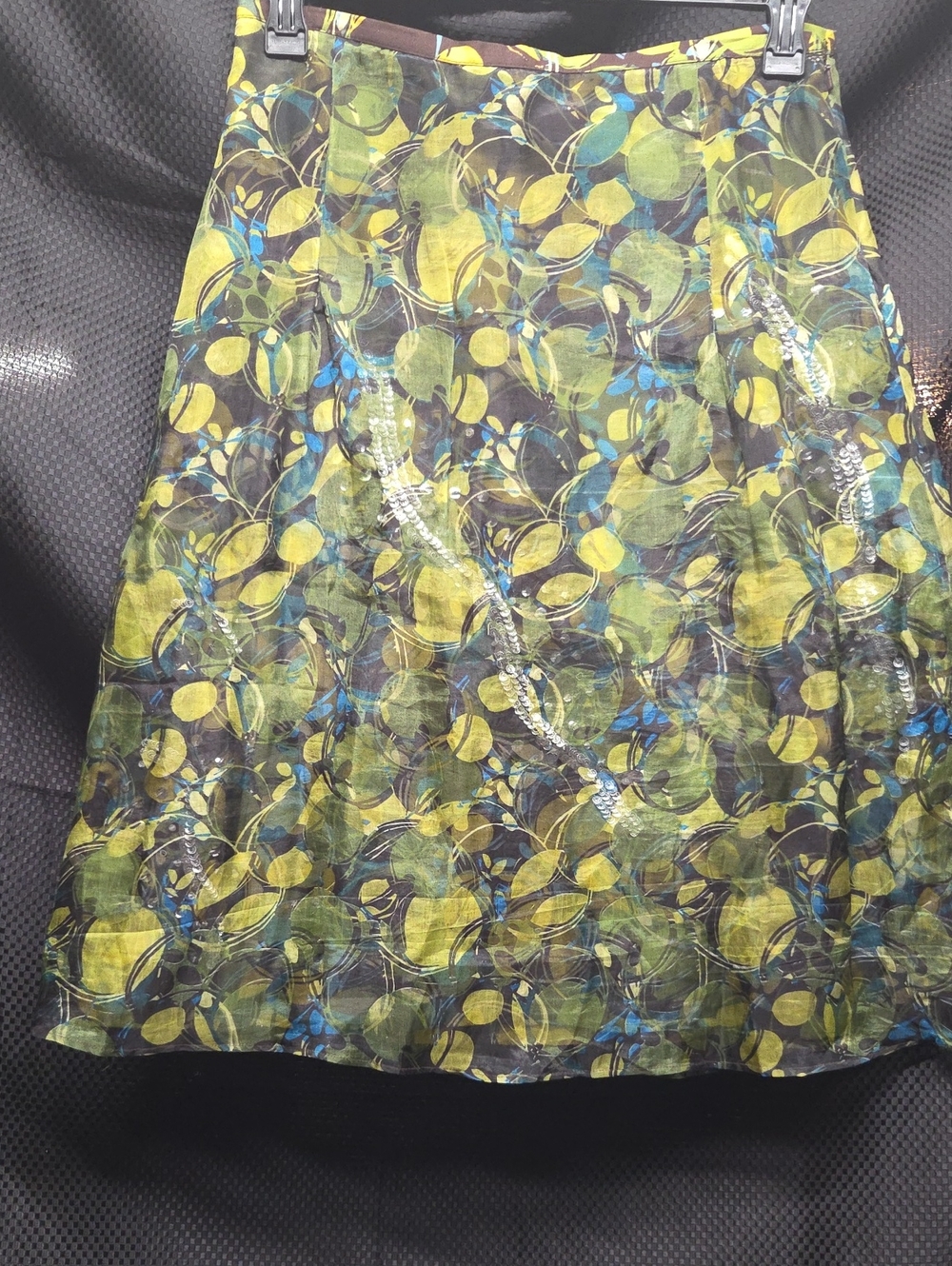 Ideology Green/Blue Sheer Overlay Embellished Lining Lemon-Print A-Line Skirt